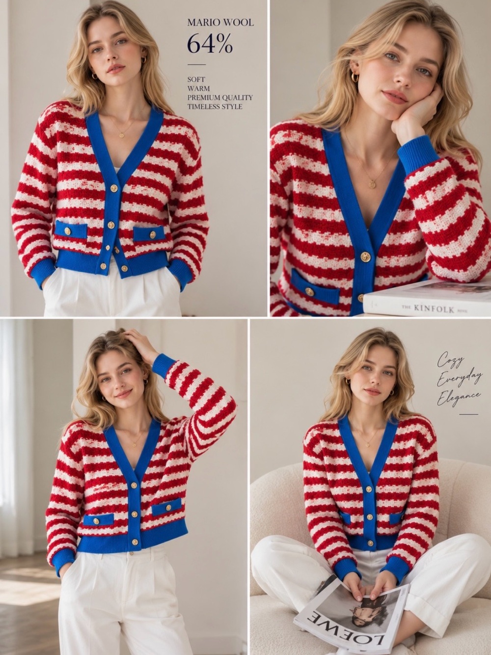Striped Red & White V-Neck Cardigan with Blue Trim